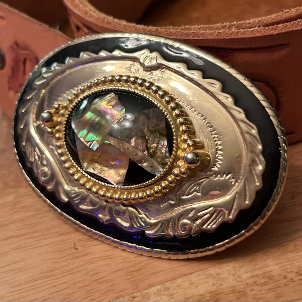 Vintage Tooled Leather Belt - Gold Black & Abalone Buckle- “Roy” 35-39” - Picture 3 of 9